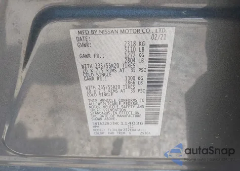 2021 Nissan Murano Sv Fwd из США, поврежденный, VIN 5N1AZ2BJ3MC114036